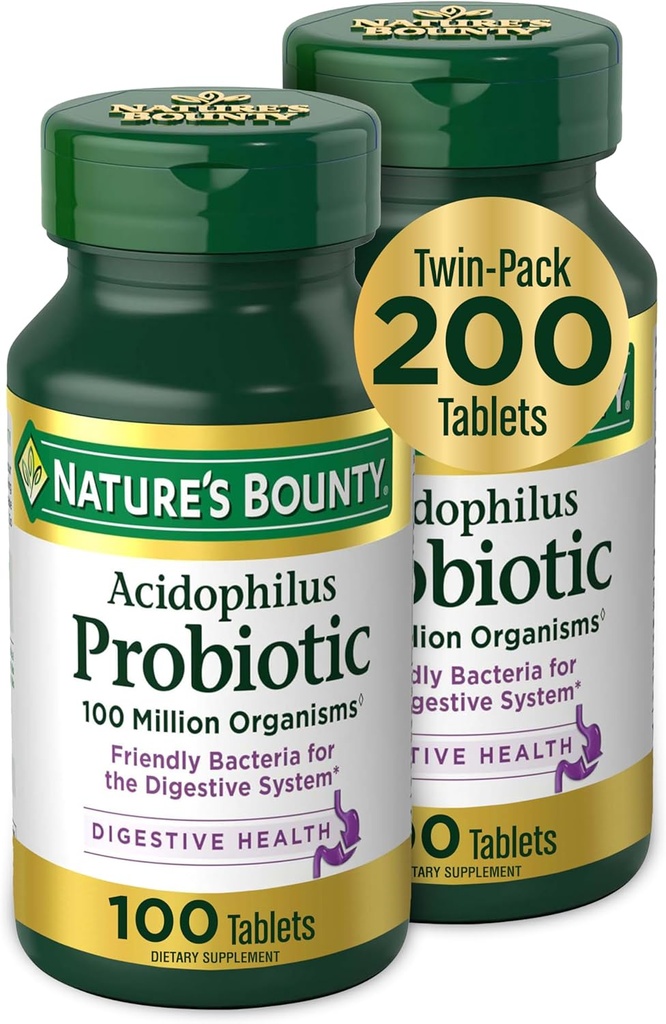 Nature's Bounty Acidophilus Probiotic, Supplément probiotique quotidien, Santé digestive, 200 comprimés, Twin Pack