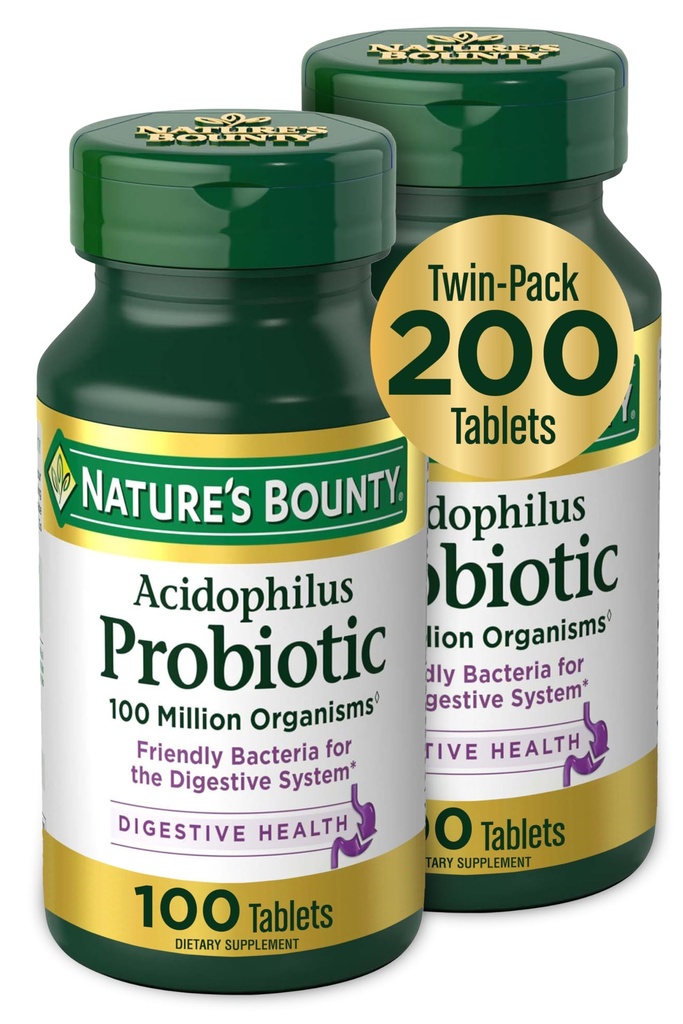 Nature's Bounty Acidophilus Probiotic, Supplément probiotique quotidien, Santé digestive, 200 comprimés, Twin Pack