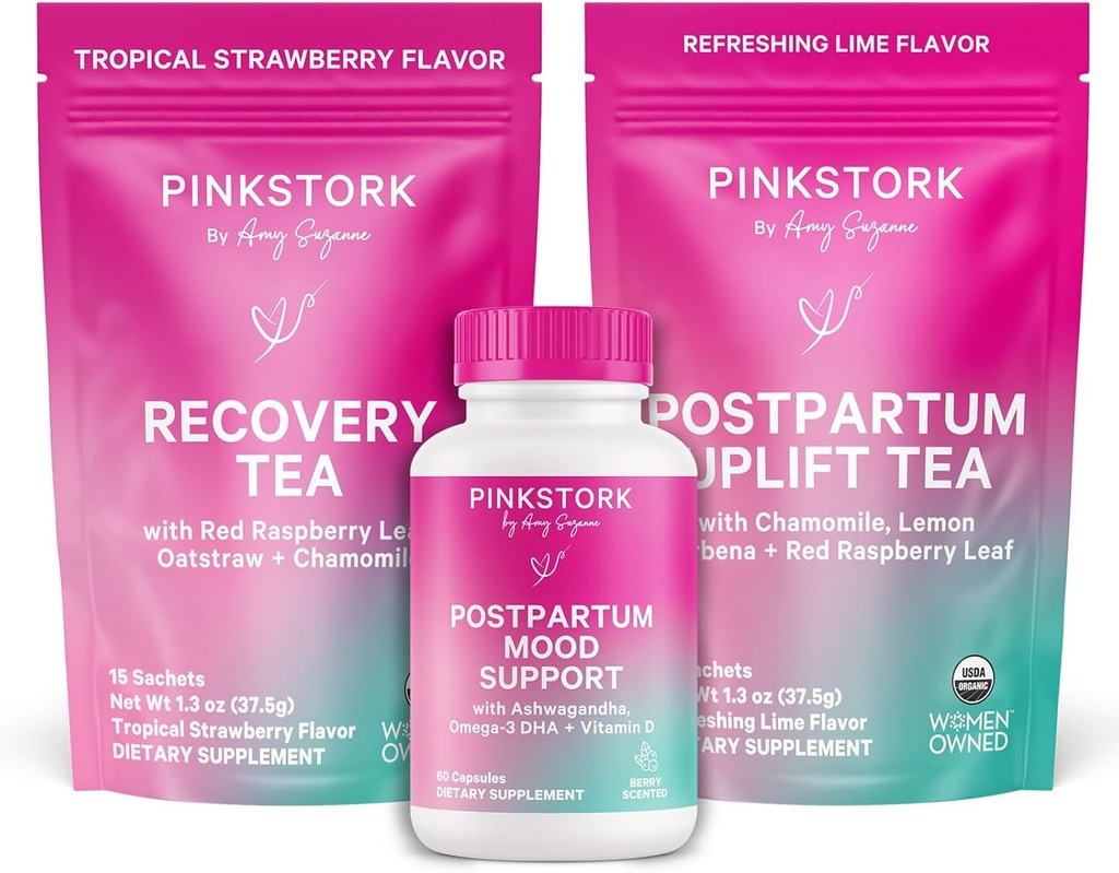 Pink Stork Postpartum Essentials Kit – Hormone Balance, Recovery & Mood Support for New Moms – Postnatal Vitamins Ashwagandha + Herbal Teas for Stress Relief, Energy, Sleep – Gift Set – Vegan, Organic