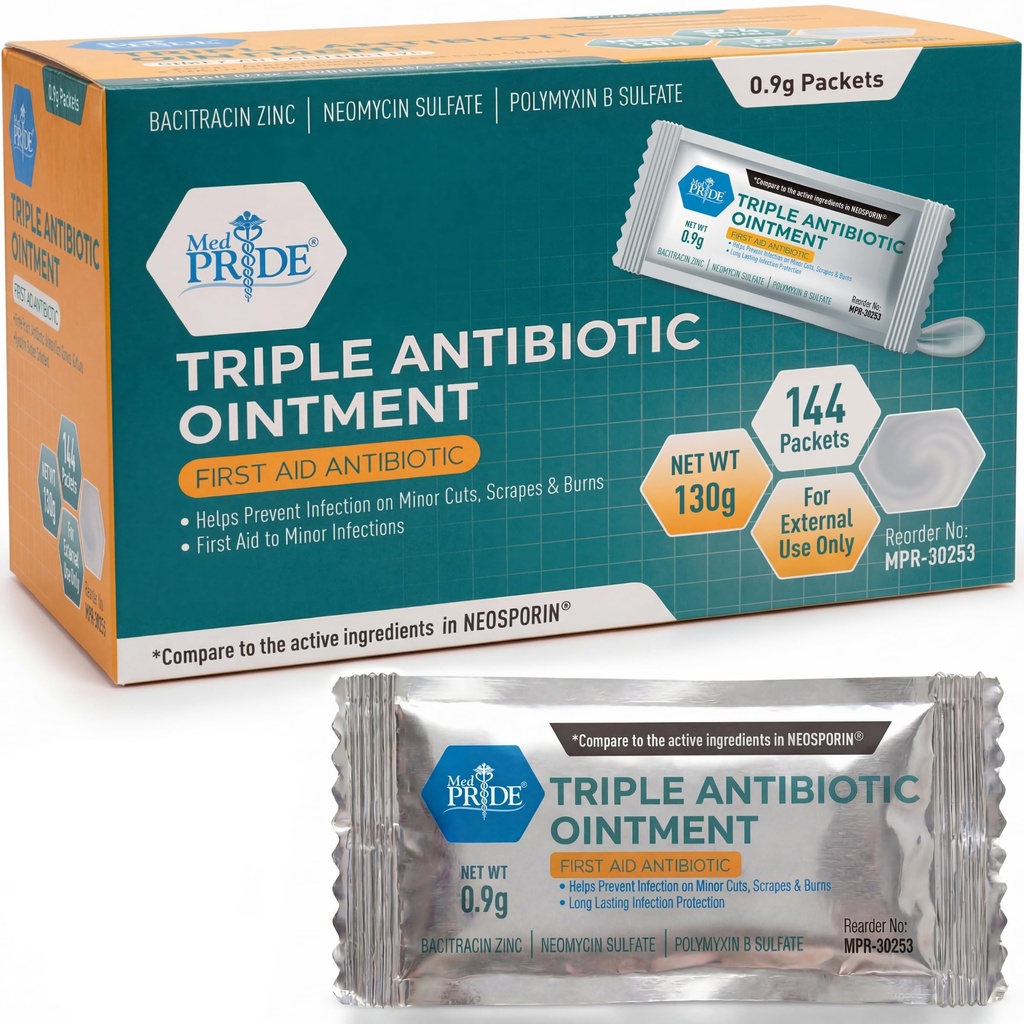 MED PRIDE Paquets d'onguents antibiotiques triples en vrac 144 X 0,9g, Paquets d'onguents antibiotiques individuels pour brûlures, coupures, soins des plaies