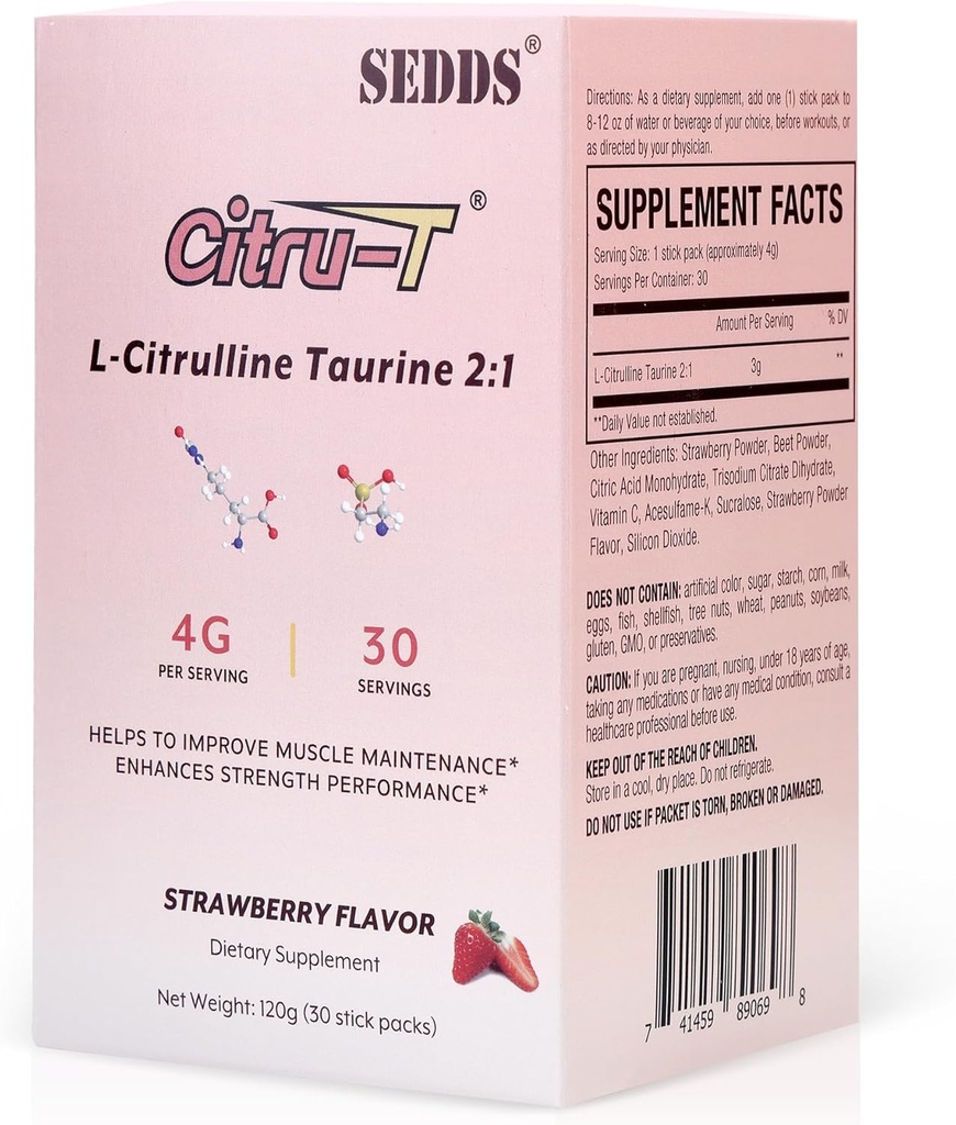 L-Citrulline Taurine 2:1, L en poudre de Citrulline L aromatisée aux fraises Suppléments de Citrulline, Poudre de Taurine Vegan, Sans caféine, Sans gluten, 30 Pack