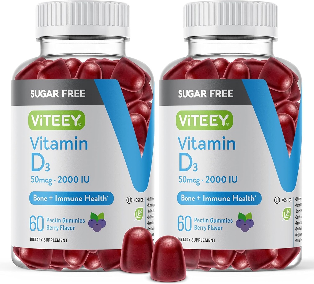 Viteey Vitamine D3 Gommies pour adultes et adolescents - 2,000 UI, 50mcg - Sans sucre, os, articulaire et de santé musculaire, Immune Boost - Végétarien, Sans gélatine, Sans OGM - Gommy aromatisé aux fruits de baies croustillantes