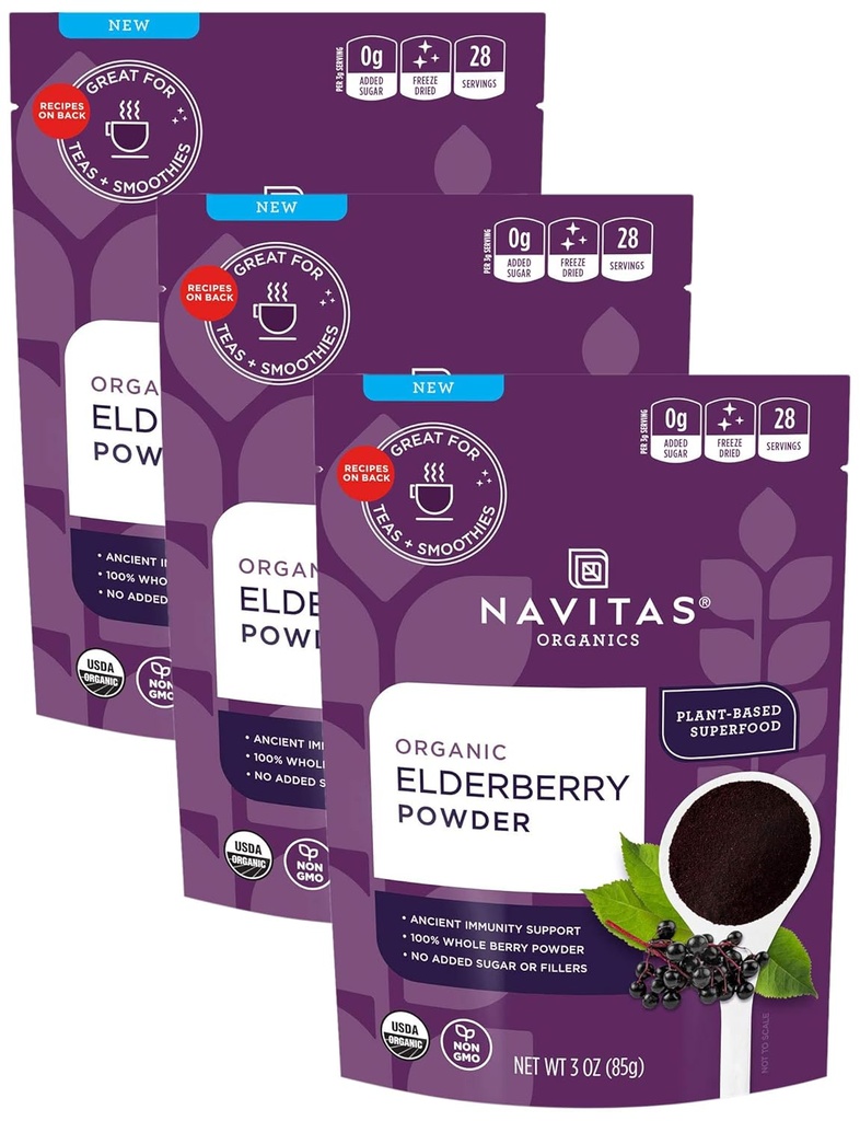 Navitas Bios Poudre de Elderberry, 3oz Sac, 28 portions — bio, non-OGM, 100% poudre de Elderberry entière pour le soutien immunitaire (paquet de 3)