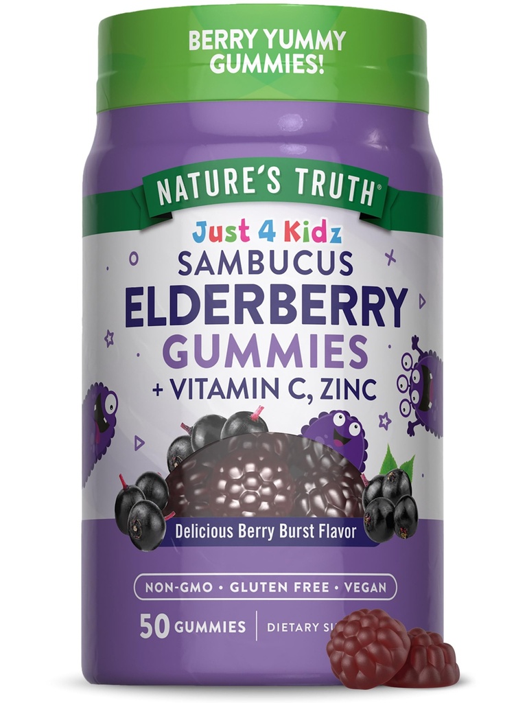 Nature's Truth Kids Elderberry Gummies (50) Comte (50) avec du zinc et de la vitamine C (C) Vegan, sans OGM et supplément sans gluten