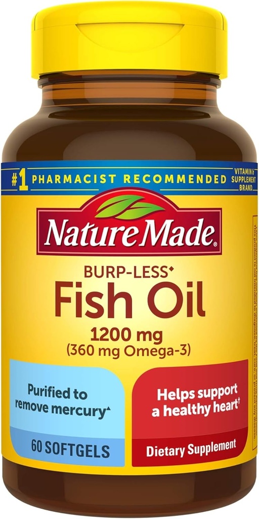 Huile de poisson de moins de Burp 1200 mg, 60 Softgels, huile de poisson Oméga 3 Supplément pour la santé cardiaque