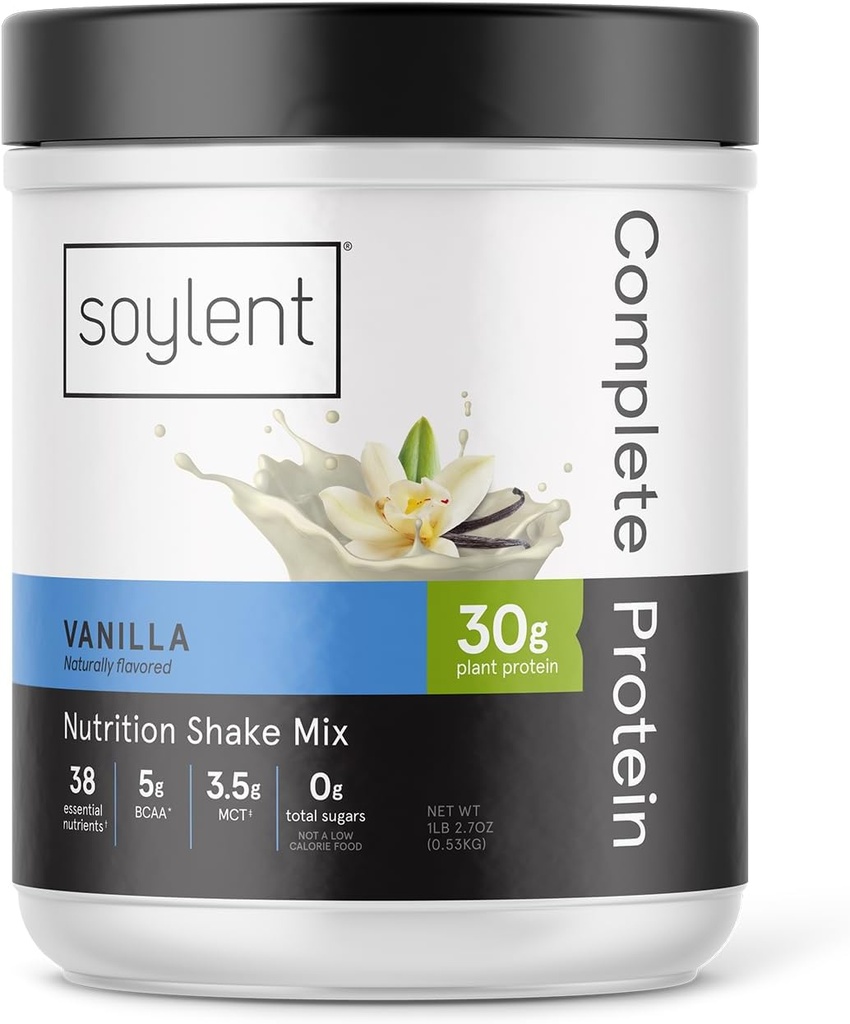Poudre de protéines complètes de soja, Vanille, 30g Secouer de protéines pour la croissance et la récupération musculaires, BCAAs, DHA, MCT, 28 vitamines et minéraux, Zéro sucre, sans gluten, végétalien - 1,25lb