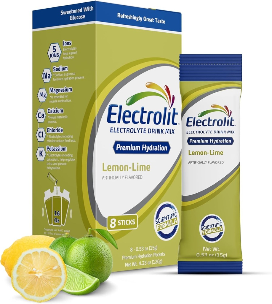 Electrolytes en poudre, Lime citron 8 Pack, Packs d'hydratation en poudre pour déshydratation et réhydratation, Mélange de boissons hydratantes aromatisées après l'entraînement, Sticks journaliers sans gluten
