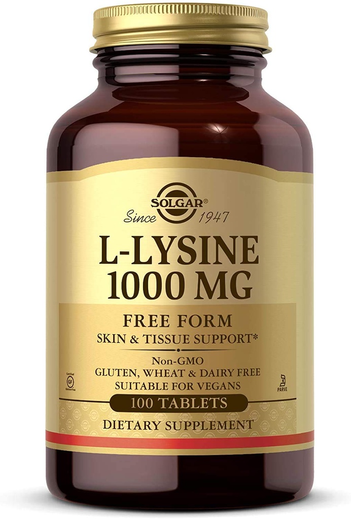 Solgar L-Lysine 1000 mg, 100 comprimés - Absorption et assimilation accrues - Promotion de l'intégrité de la peau et des lèvres - Soutien au collagène - Acides aminés - Non OGM, végétalien, sans gluten - 100 portions
