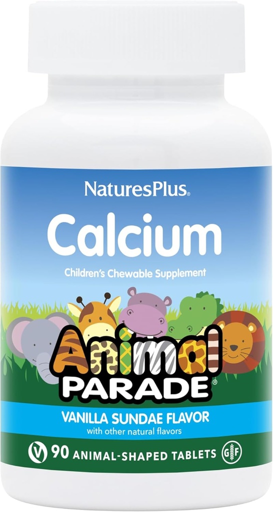 NaturesPlus Parade animale Calcium, Vanilla Sundae Flavor - 90 comprimés à croquer en forme d'animal - Paquet de 2 - Promotion des os sains - Vegan, sans gluten - 180 portions totales