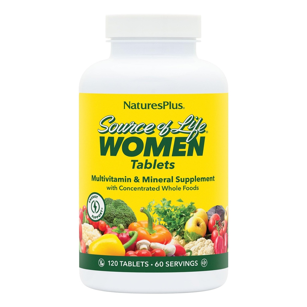 NaturesPlus Source de vie Femmes Multivitamine - 120 comprimés végétariens - Aliments entiers, enzymes et minéraux - Santé générale, énergie - Sans gluten - 60 portions