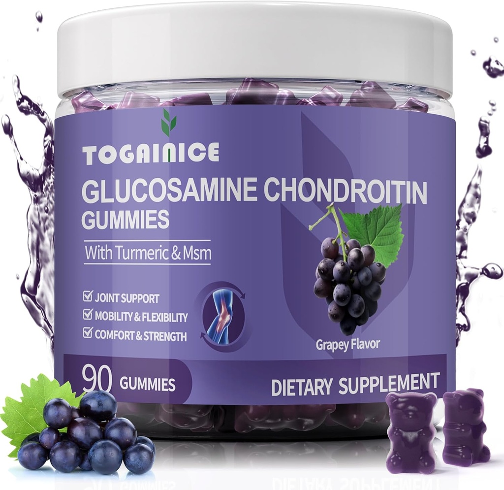 Glucosamine Chondroïtine Gummies sans sucre,Extra Strength 1500mg Glucosamine avec MSM & Turmeric, Suppléments de soutien jumelés pour les hommes et les femmes, pour la flexibilité articulaire et la santé des os, 90 Comte V01