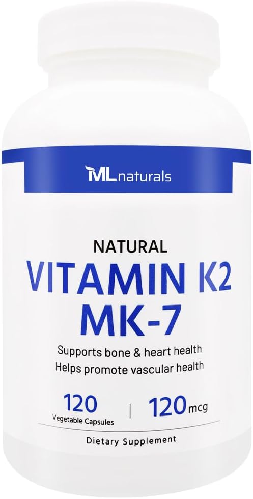 ML Naturals Vitamine naturelle K2 MK-7 120 mcg 120 Capsules végétales. Natural MK-7/99% All-Trans MK-7. Soutient la santé des os et du coeur, aide à promouvoir la santé vasculaire, certifié NSF & CGMP-Compliant.