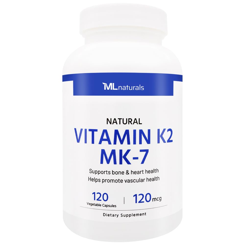 ML Naturals Vitamine naturelle K2 MK-7 120 mcg 120 Capsules végétales. Natural MK-7/99% All-Trans MK-7. Soutient la santé des os et du coeur, aide à promouvoir la santé vasculaire, certifié NSF & CGMP-Compliant.