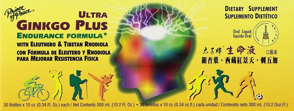 Prince of Peace Ultra Ginkgo Plus, 30 bouteilles, 0.34 fl. oz. Chaque – Supplément Brain Boost – Soutien pour les styles de vie actifs – Ginkgo Biloba pour l'endurance