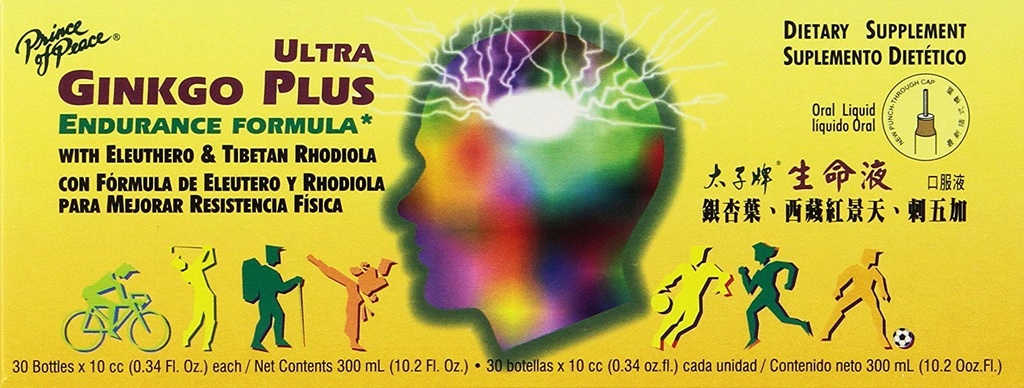 Prince of Peace Ultra Ginkgo Plus, 30 bouteilles, 0.34 fl. oz. Chaque – Supplément Brain Boost – Soutien pour les styles de vie actifs – Ginkgo Biloba pour l'endurance