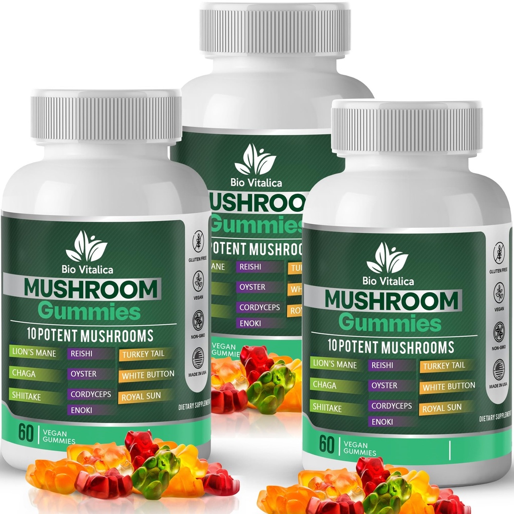 Gummies de champignons – 10 Complexe de champignons avec Mane de Lion, Reishi, Chaga, Cordyceps & More – Gummes végétaliens fruités – Non-OGM, sans gluten, à base végétale – 3 paquets