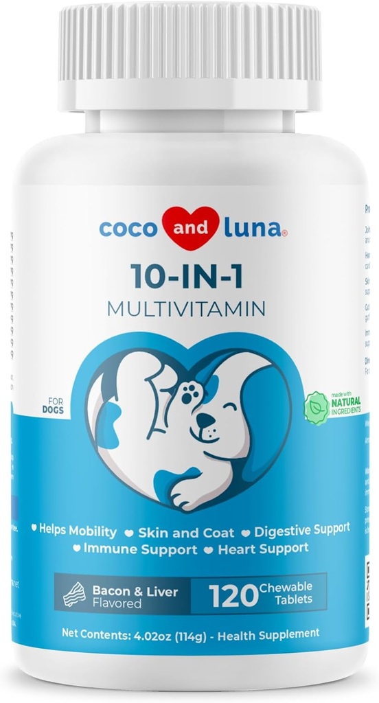 Multivitamine 10 en 1 pour chiens - 120 comprimés à croquer avec de la glucosamine et de la chondroïtine - Huile de poisson et vitamines avec Coq10 pour la santé de la peau et du coeur, Gut & Immune Support
