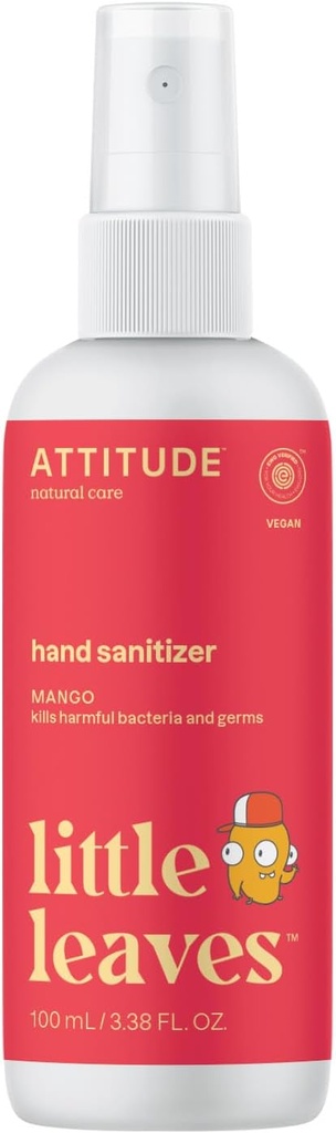 ATTITUDE Spray d'assainissement des mains pour les enfants et les adultes, EWG Vérifié, Taille de voyage, testé dermatologiquement, à base végétale et minérale, Vegan, Mango, 3.5 Fl Oz (Bouteille de pulvérisation)