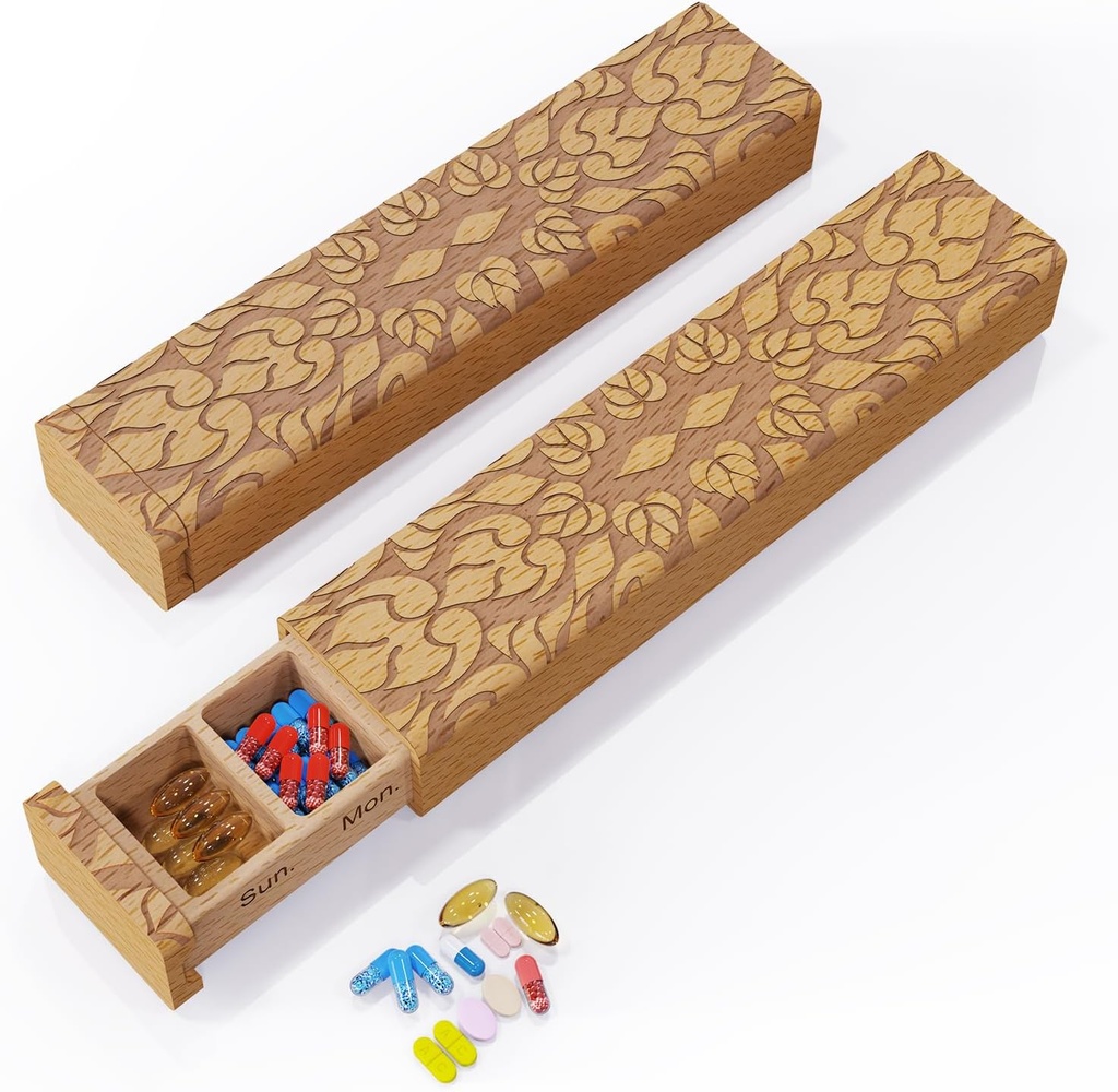 Wooden Pill Organizer, 7 Day Pill Box, Travel Pill Box, Wooden Pill Case Privacy Protection Perfect for Medication, Vitamins, Fish Oils, Supplements (Beech)