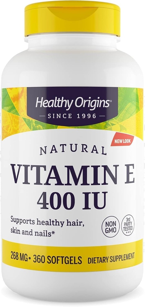 Origines saines Vitamine E 400 UI (naturelle, sans OGM, sans gluten, soutien de la peau, soutien cardiovasculaire), 360 softgels