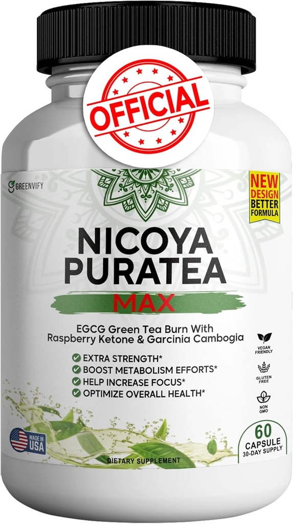 Nicoya PuraTea Max Extrait de thé vert et haricots de café vert pour le soutien du métabolisme, stimuler l'énergie naturelle, supplément antioxydant-rich – 60 capsules