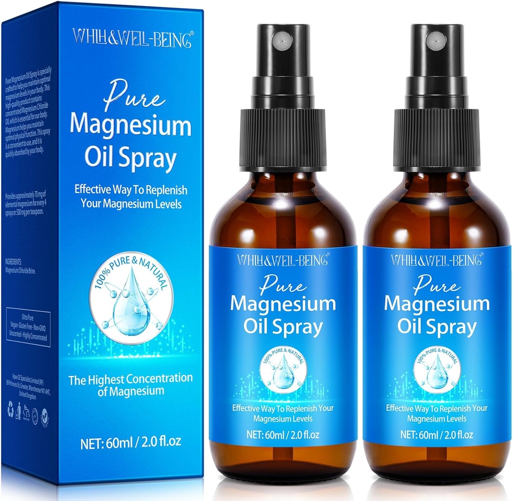 Spray de magnésium, Spray d'huile de magnésium pur pour pieds, ingrédient naturel dans bouteille de verre, facile à absorber et utiliser 2Pack