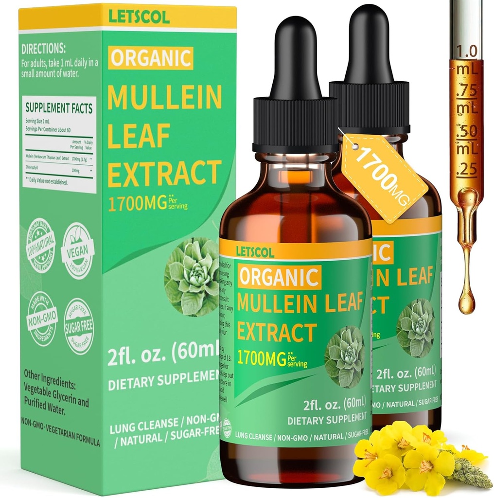 Gouttes de Mullein bio pour le nettoyage pulmonaire, puissant 1700mg Mullein Leaf Extract pour le soutien immunitaire et respiratoire, Natural Mullein Supplément Teinture gouttes non-OGM et végétalien, 2 Fl Oz