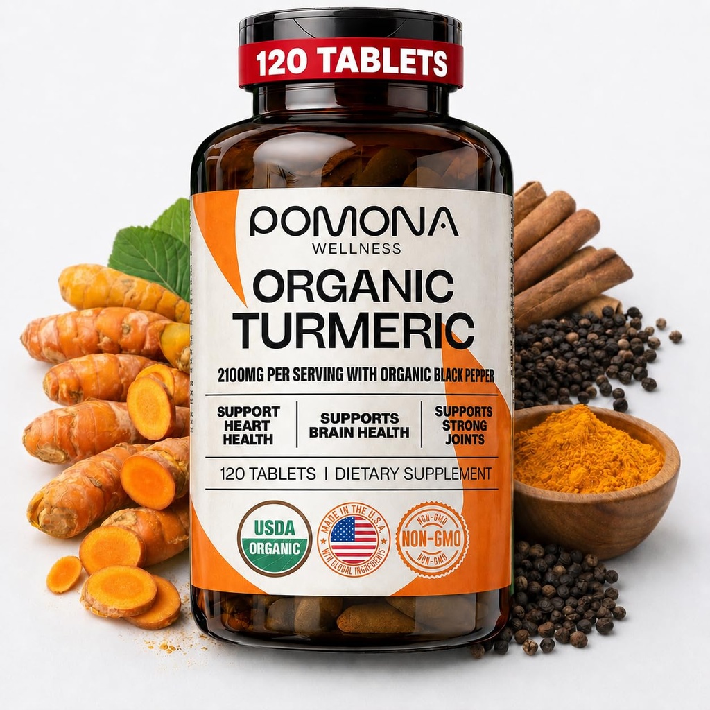 Pomona Wellness complément curcuma biologique 2100 mg, USDA biologique, non-OGM, végétalien, curcumine curcuma avec poivre noir pour l'absorption, pour le soutien conjoint et l'immunité, 120 comprimés