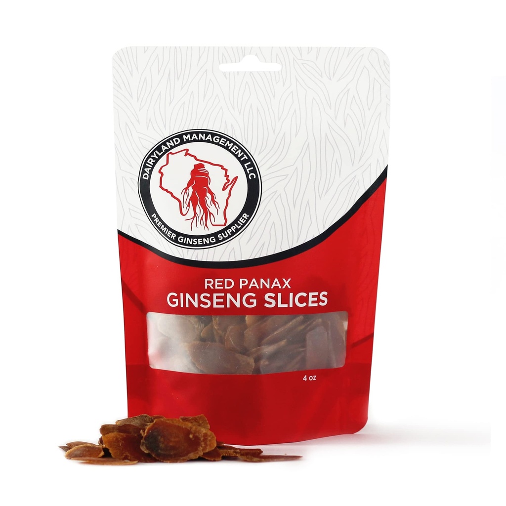 Dairyland Management LLC Tranches Ginseng Rouge Panax - 4 oz Pack Tranches Ginseng Coréennes Panax - Non-OGM, sans gluten Tranches de racines Ginseng Rouge - Utilisez ce supplément à base de plantes dans soupe, thé, congee