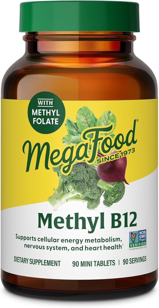 Megafood Méthyl B12 - Vegan - Comprend le folate de méthyle, la vitamine B12 et B6 - soutient la production d'énergie cellulaire, le système nerveux santé et la fonction cardiovasculaire - 90 comprimés
