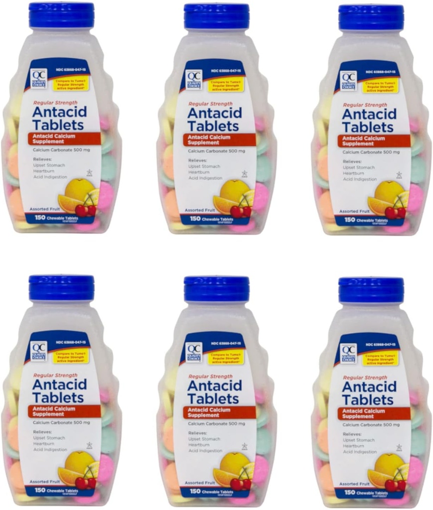 Choix de qualité Concentration régulière Carbonate de calcium 500 mg Comprimés antiacides à croquer, 150 Compte - Boîte de 6