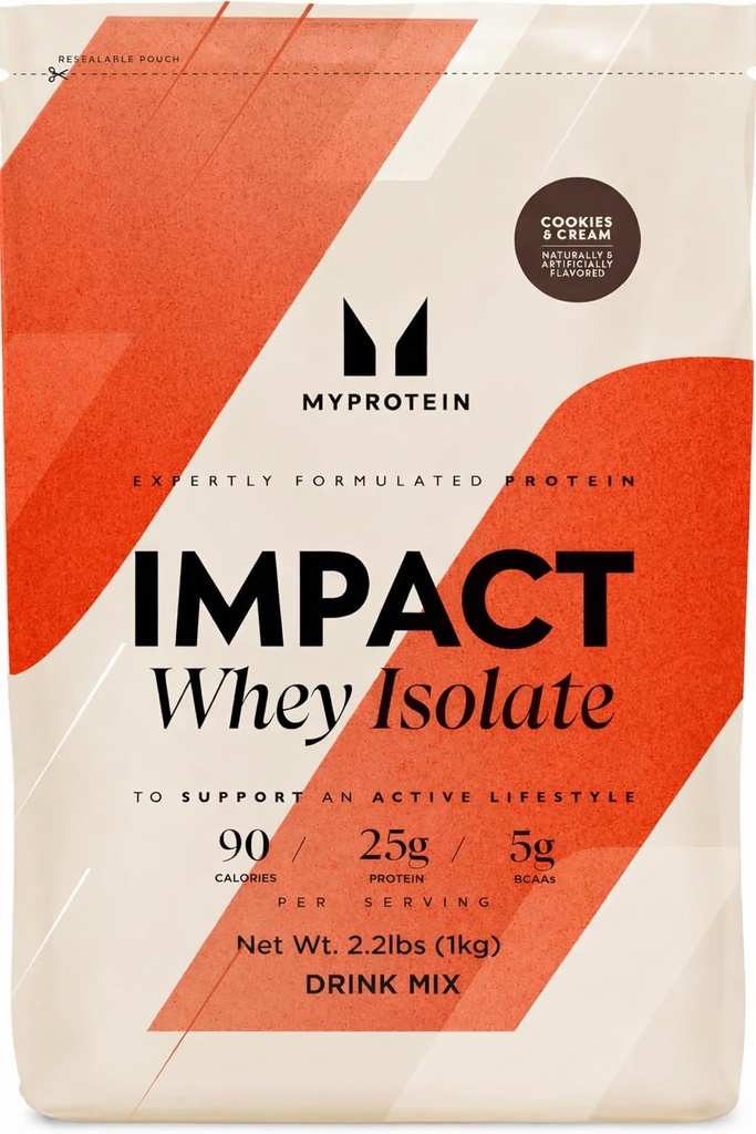 Myprotéine Impact Whey Protein Isolate, 2,2 Lbs (40 portions) Cookies et crème, 19g de protéines, 3,5g de glutamine et 4,5g de BCAA par portion, Secouez les protéines pour la force musculaire et la récupération