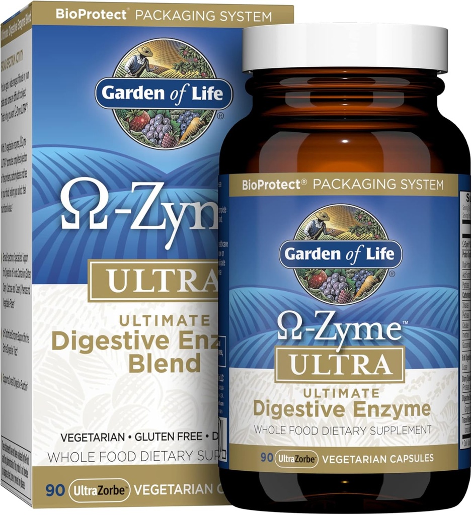 Garden of Life Gélules supplément digestif végétarien, Omega Zyme Ultra Enzyme Blend pour la digestion, le ballonnement, le gaz et IBS, sans saveur, 90 Compte