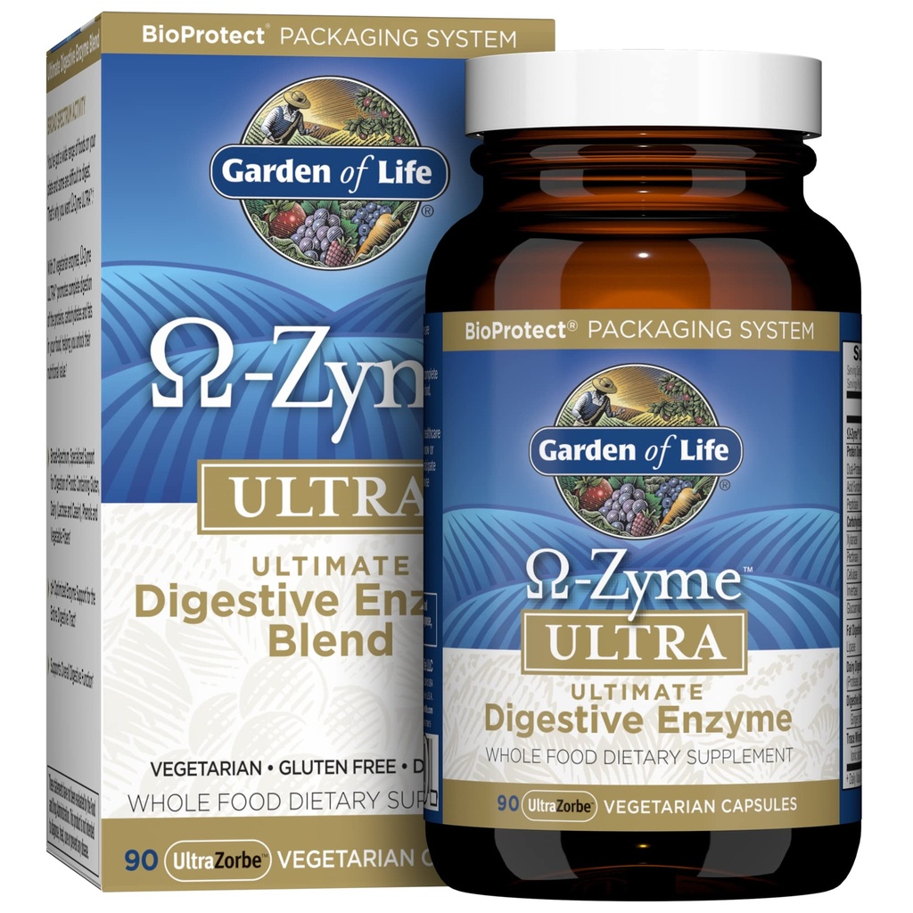 Jardin de vie 21 Enzymes digestifs puissants avec Papaine, Bromelain, Lipase, Plus Ginger et Turmeric - Omega-Zyme Ultra, Enzymes pour complément diététique de digestion, Végétarien, 90 Capsules