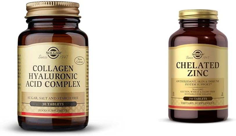 SOLGAR Collagène complexe d'acide hyaluronique, 30 comprimés - Collagène hydrolysé de type 2 - Aide et zinc chélaté, 250 comprimés - Zinc pour une peau saine - Soutient la croissance cellulaire et la formation d'ADN