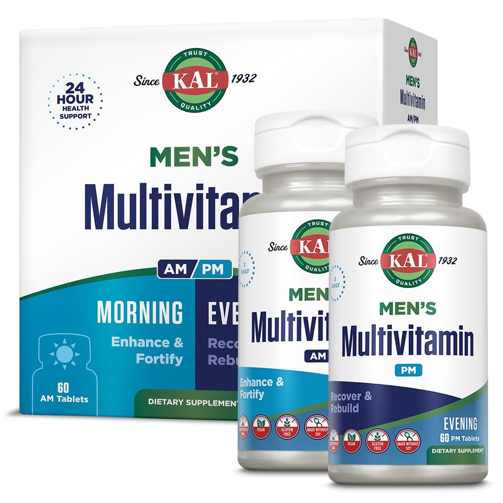 KAL Multivitamine pour hommes AM/PM, Supplément antioxydants, Muscle, Immune, Électrolyte Balance, Soutien général au bien-être, Fabriqué sans OGM et soja, Vegan, 30 portions, 120 comprimés