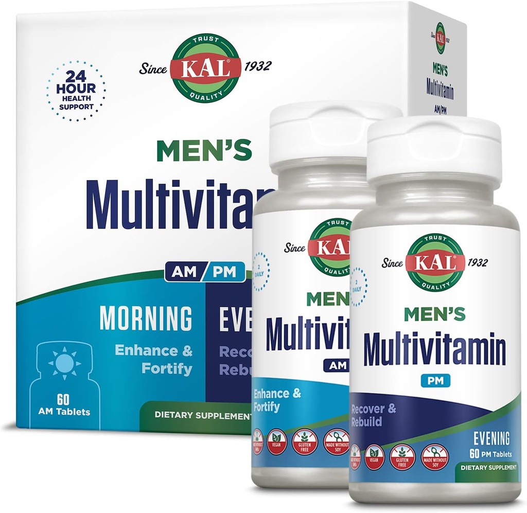 KAL Multivitamine pour hommes AM/PM, Supplément antioxydants, Muscle, Immune, Électrolyte Balance, Soutien général au bien-être, Fabriqué sans OGM et soja, Vegan, 30 portions, 120 comprimés