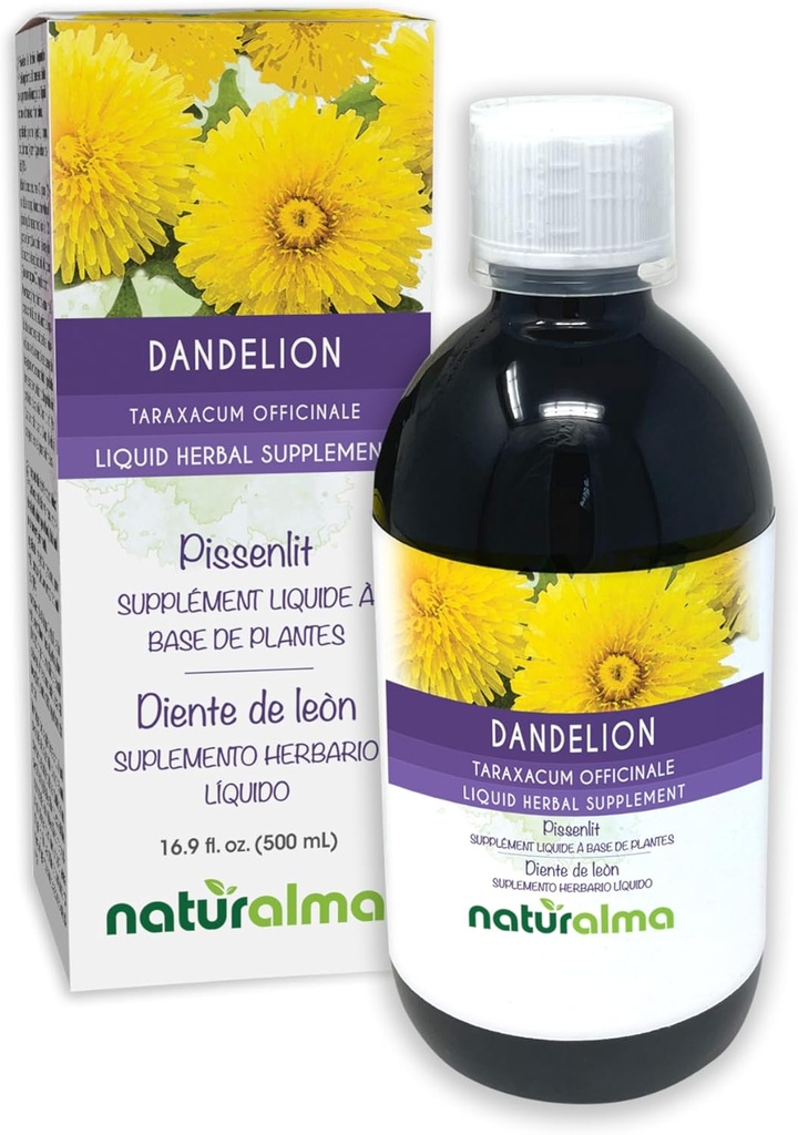 Naturalma Dandelion (Taraxacum officinale) Racine et herbe Teinture sans alcool - 16,9 fl oz Extrait liquide dans les gouttes - Supplément à base de plantes - Vegan