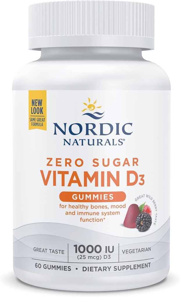 Nordic Naturals Zéro sucre Vitamine D3 Gommies, Berry sauvage - 60 Gommies - 1000 UI Vitamine D3 - Grand goût - Bons santé, l'humeur et le système immunitaire Fonction - Non-OGM - 60 portions