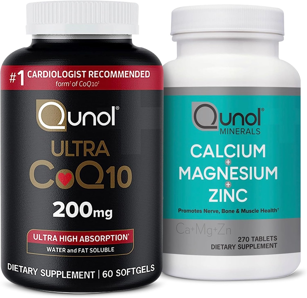 Qunol CoQ10 200mg Softgels, supplément de Coenzyme d'absorption ultra-élevée Q10 - 2 mois d'approvisionnement - 60 Compte Magnésium 3 en 1 Comprimés avec Calcium, Magnésium et Zinc, 270 Compte
