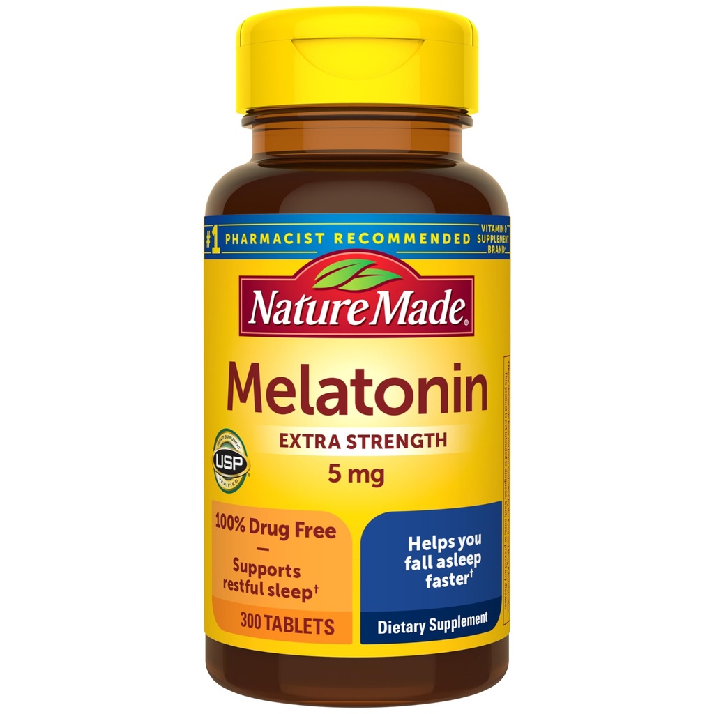Nature faite Melatonine 5mg Comprimés de force supplémentaire, 100% sans médicament aide au sommeil, suppléments de sommeil pour adultes, 300 comprimés, 300 jours d'approvisionnement