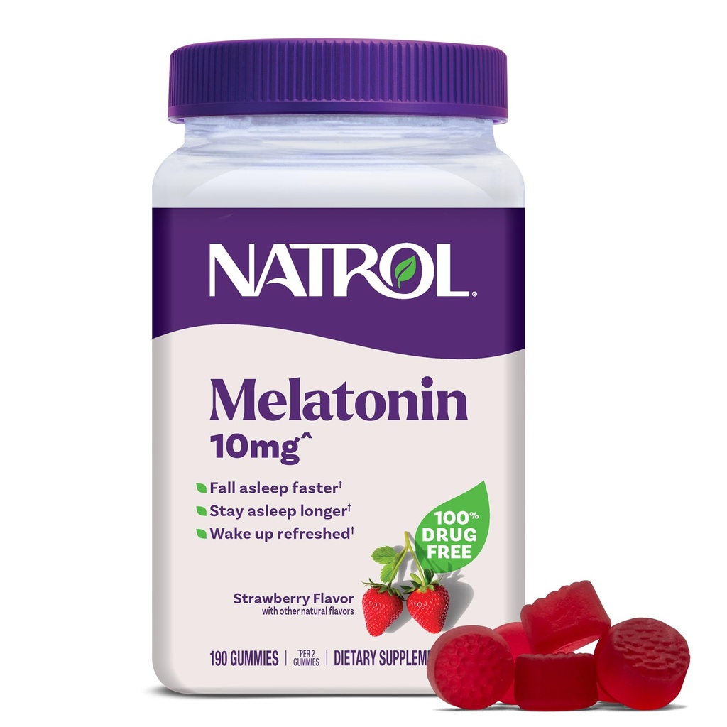 Natrol Melatonin Gummies, Soutien du sommeil, 190 Mélatonin adultes aromatisés aux fraises, 10 mg Aide au sommeil pour adultes