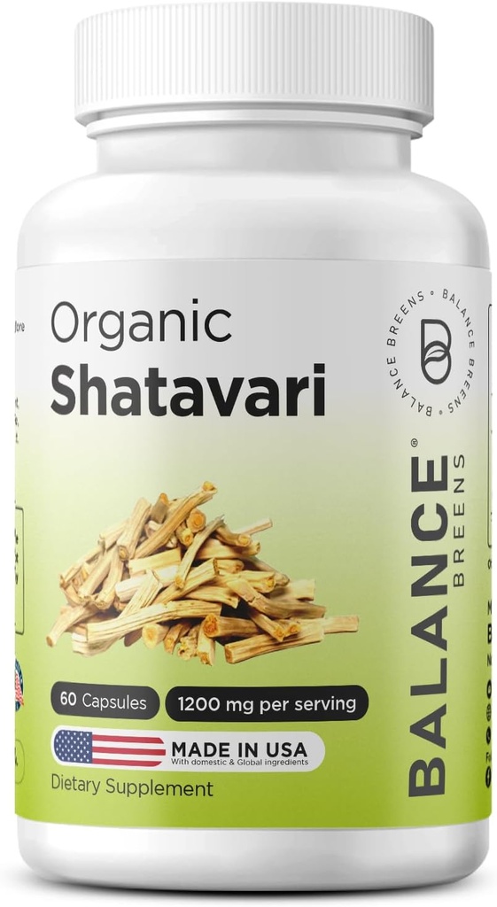 Shatavari biologique 1200mg, 60 Capsules - Vitamines de soutien à l'allaitement, Équilibre hormonal pour les femmes, Racine d'asperge Racemosus