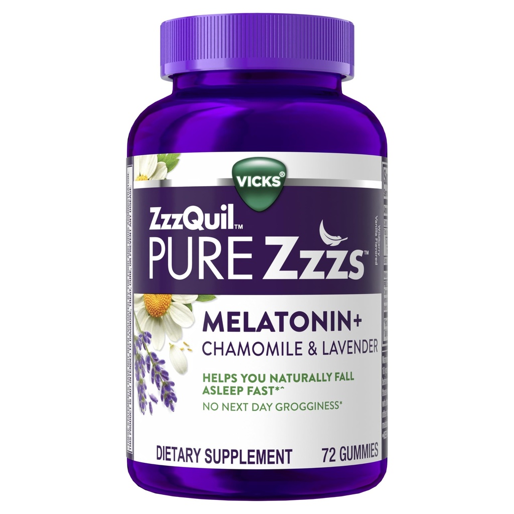 ZzzQuil PURE Zzz Melatonin Gummies, Aide au sommeil, Melatonin 2mg, avec Camomille et lavande, Melatonin Gummies de sommeil, Aide au sommeil pour les adultes, Vanille sauvage aromatisée, 72 Gummies de sommeil