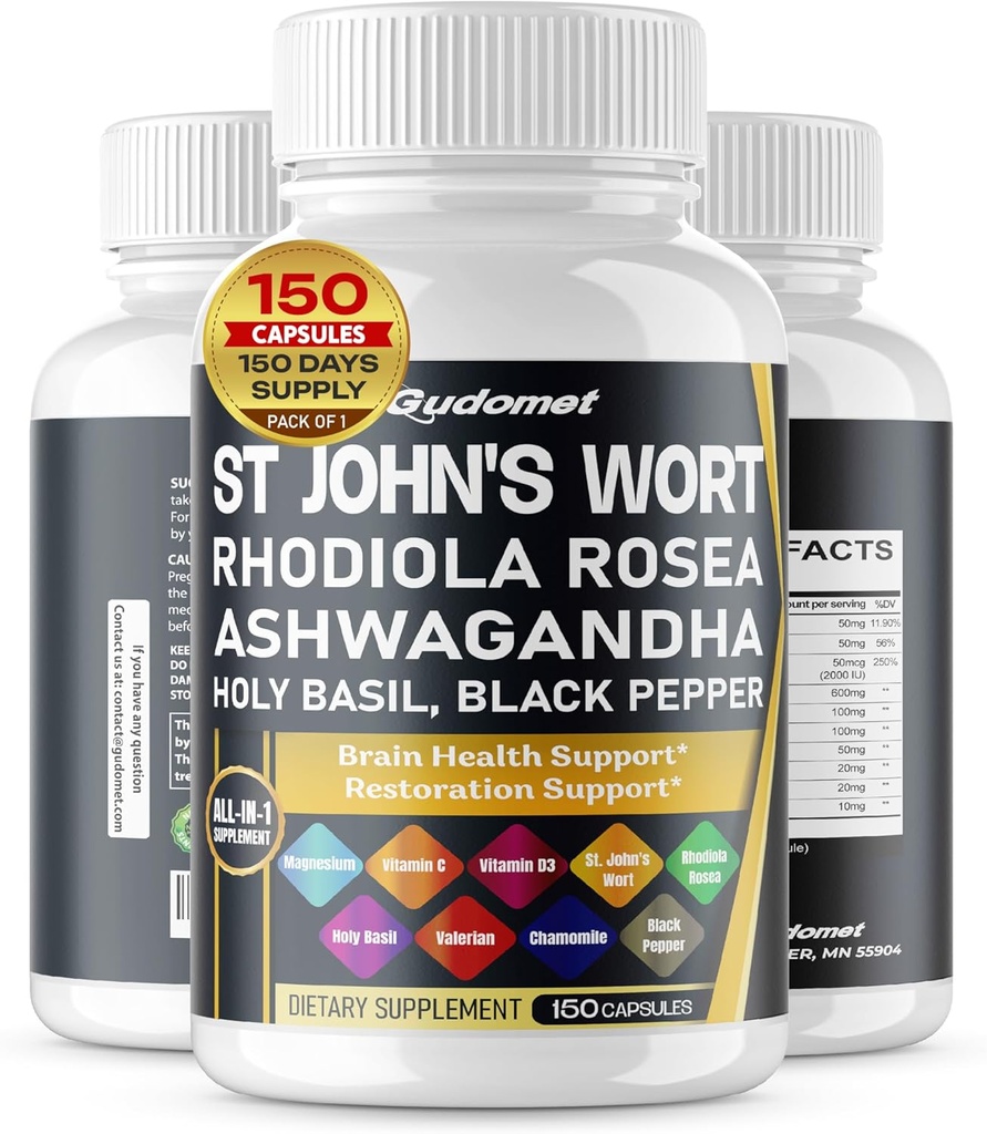 St. John's Wort Rhodiola Rosea Ashwagandha Saint Basilic Valérien Camomille Noir Pepper -150 Capsules- Fabriqué aux États-Unis