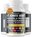 St. John's Wort Rhodiola Rosea Ashwagandha Saint Basilic Valérien Camomille Noir Pepper -150 Capsules- Fabriqué aux États-Unis