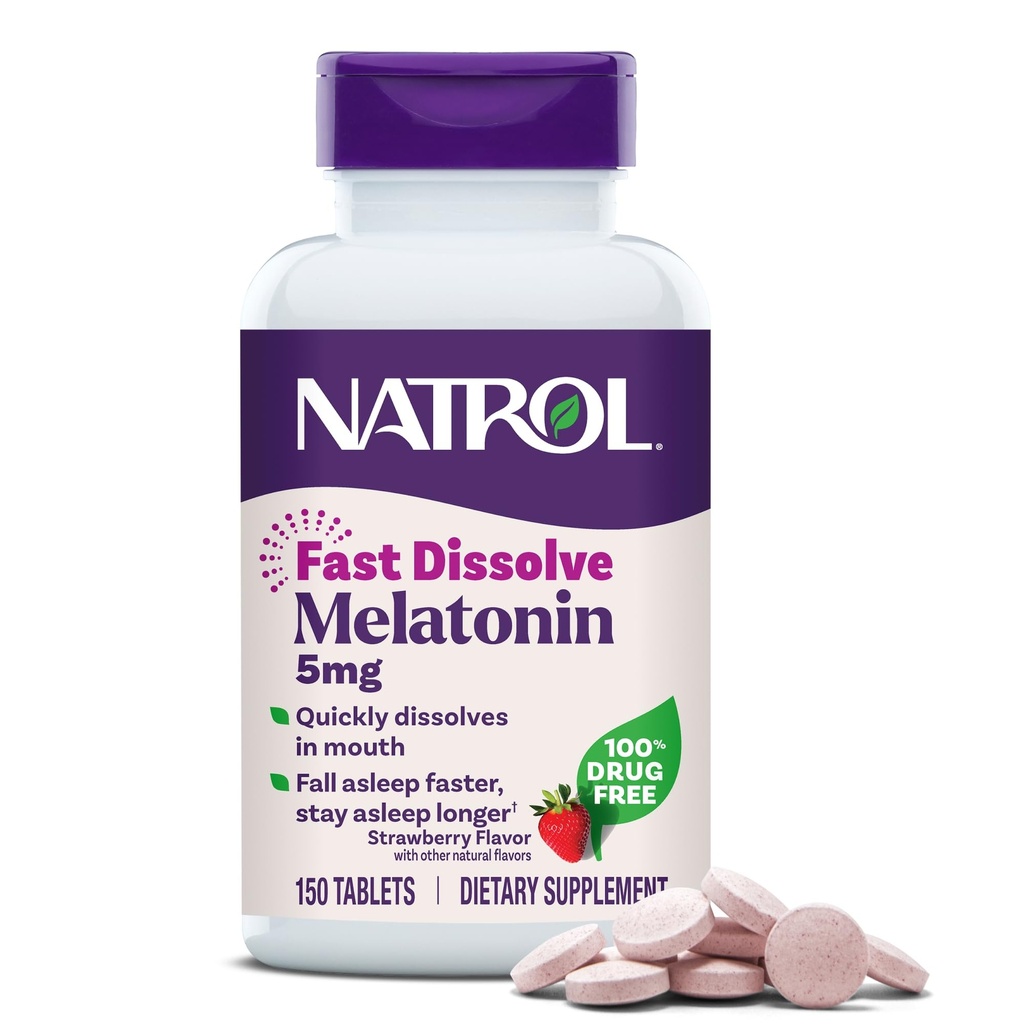 Natrol Melatonin 5mg Comprimés à dissolution rapide, Suppléments de soutien du sommeil pour adultes, Saveur de fraise, 150 comprimés, jusqu'à 150 jours d'approvisionnement