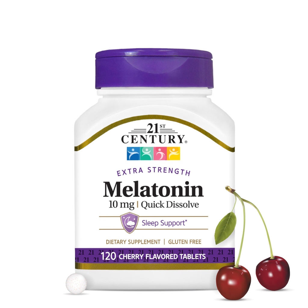 21st Century Melatonin 10mg Extra Strength, 120 Compte, Dissolution rapide aide au sommeil pour les adultes, favorise la relaxation et le sommeil reposant, non-Habit formant, sans gluten, saveur de cerise