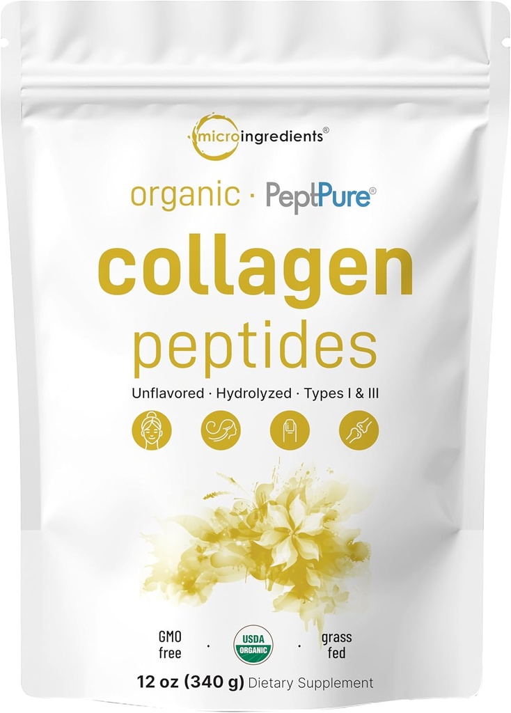 Micro-ingrédients Collagène Peptides Poudre biologique, 12 oz Type I et III + Protéines naturelles Source de la viande bovine d'herbes Unflavored
