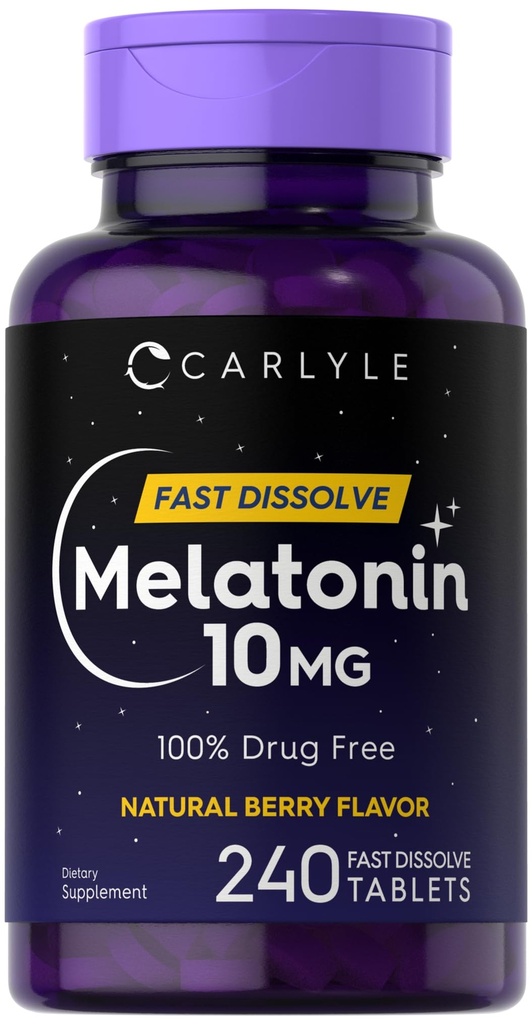 Carlyle Melatonin 10mg Comprimés à dissolution rapide : 240 Nombre : 240 Flaveur de baies : 100 % sans médicament ; Végétarien, Non-OGM, Supplément sans gluten